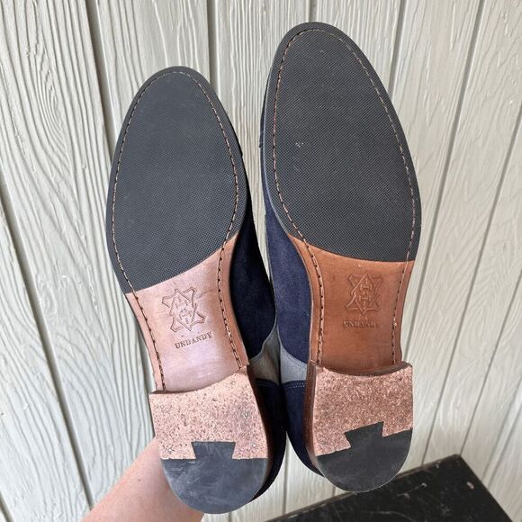 Undandy Navy Gray Suede Derby Shoes Sz 45/11.5 Pink Laces Yellow Lining - Picture 2 of 14